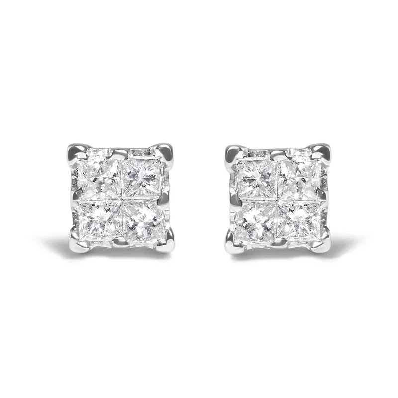 .925 Sterling Silver 1/4 Cttw Invisible Set Princess Diamond Composite Quad Stud Earrings (I-J Color, I1-I2 Clarity)