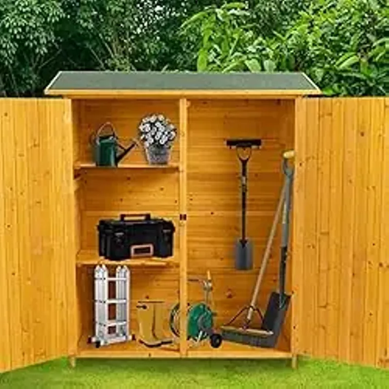 GLORHOME Outdoor Storage Shed 4.66 x 5.3ft Bike Shed Tool Organizer,Garden Shed,Wood Storage Cabinet with Detachable Shelves & Pitch Roof for Backyard Lawn Natural