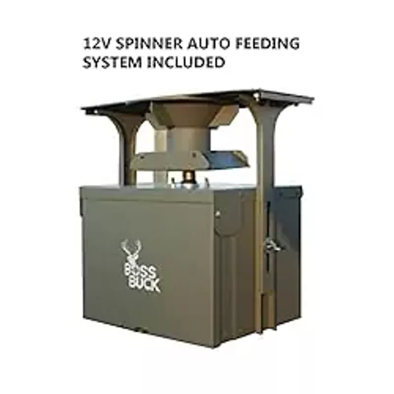 Boss Buck 600 LB Deer Feeder/Hunting Durable Lightweight Plastic UV Protected Windproof Waterproof with 12V Spinner Automatic Delivery System & Multi-Piece Round Legs