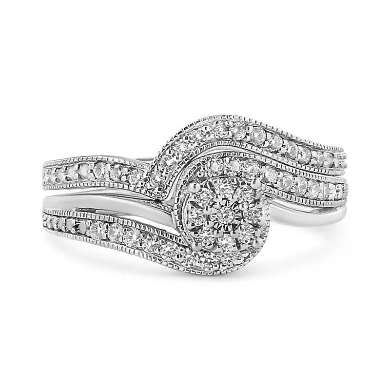 .925 Sterling Silver 1/3ct Cttw Multi-Diamond Bypass Vintage-Style Bridal Set Ring and Band (I-J Color, I3 Clarity) - Size 9