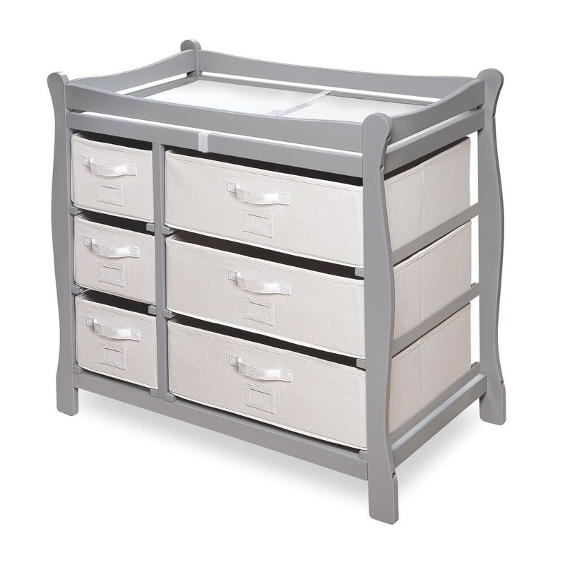 Sleigh Style Baby Changing Table with Six Baskets - Gray/White Baskets