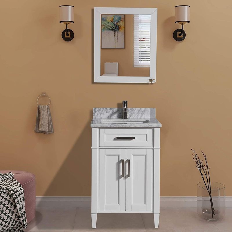 Vanity Art 24-Inch Single Sink Bathroom Vanity Set Carrara Marble Stone Top 1 Drawer 1 Shelf Undermount Sink with Free Mirror - White