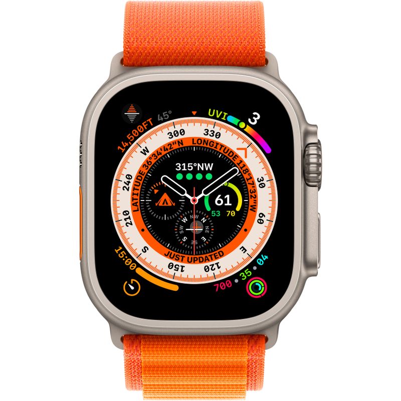 Angle Zoom. Apple Watch Ultra (GPS + Cellular) 49mm Titanium Case with Orange Alpine Loop - Small - Titanium