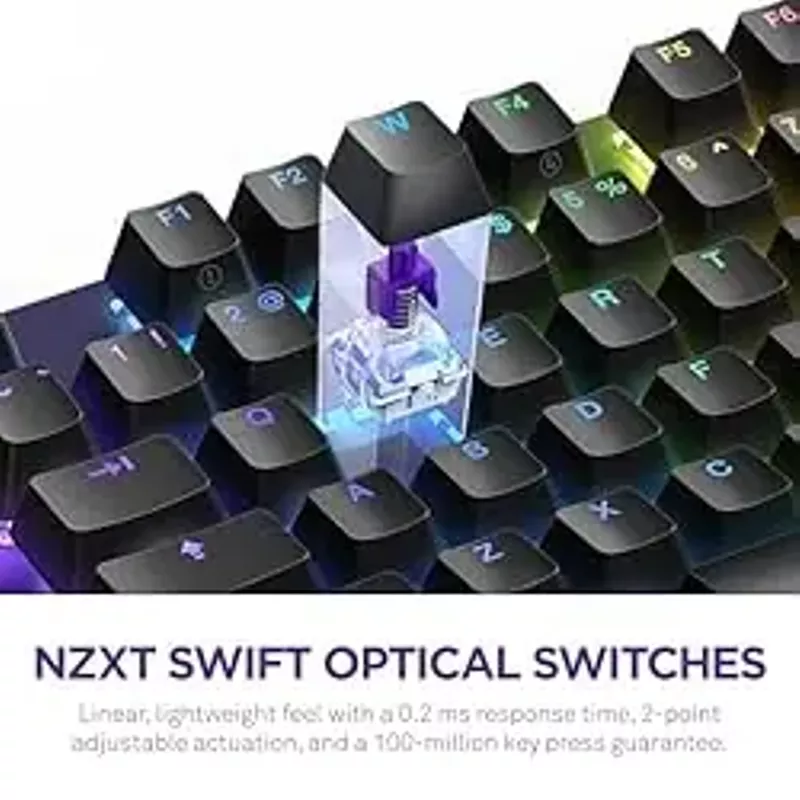 NZXT Function 2 ,  Full-Size Optical Gaming Keyboard ,  8K Polling Rate ,  Linear Optical Switches ,  Adjustable Actuation ,  Double-Shot PBT Keycaps ,  RGB ,  Hot-Swappable ,  Wrist Rest ,  Black