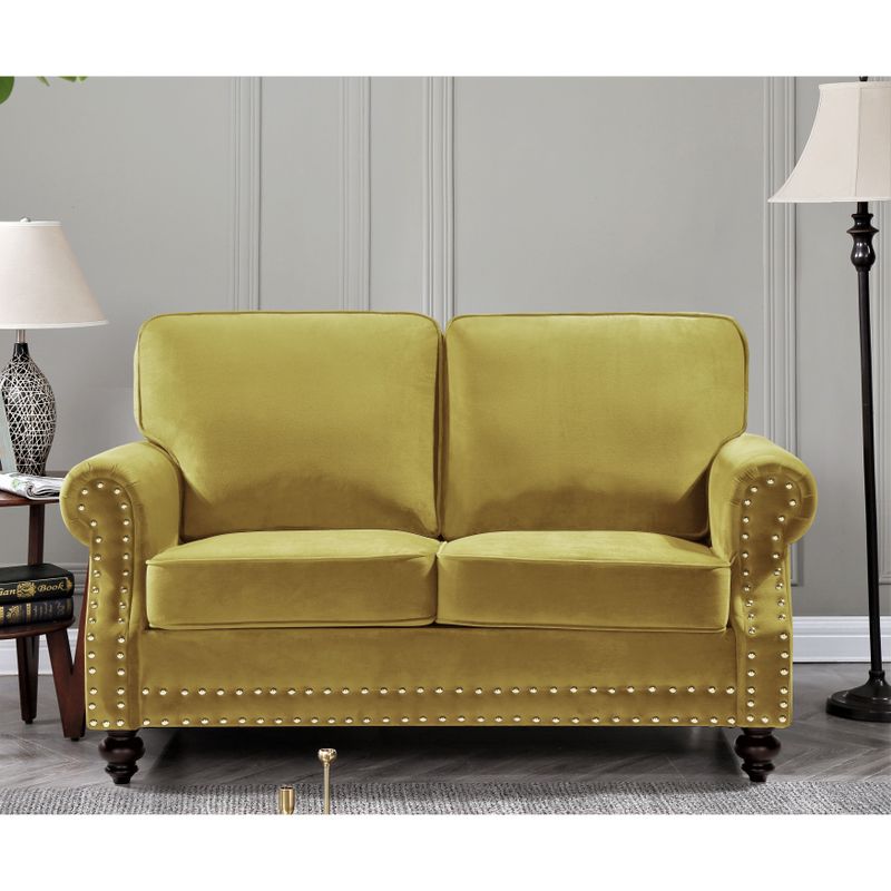 Ramos Nailhead Velvet 3-Piece Set-Loveseat Sofa and Chair - Strong Yellow