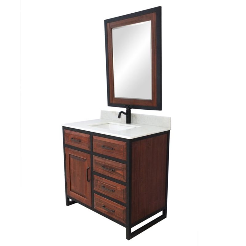 36"Rustic Solid Fir Single Sink Iron Frame Vanity in Brown-Driftwood Finish with Marble Top-No Faucet - Oval - Carrara White Marble Top