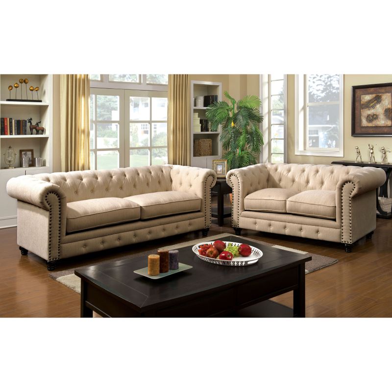 Furniture of America Staffers Traditional Deep Tufted Tuxedo Style Loveseat - Ivory Fabric