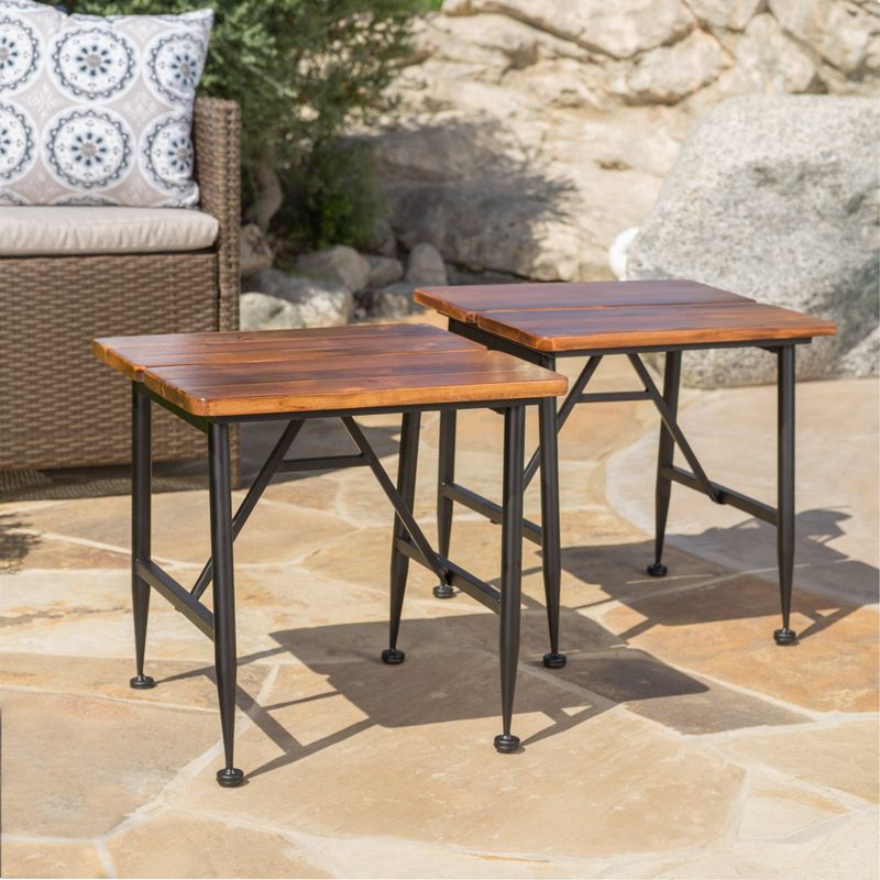 Eleanora Outdoor Acacia Wood End Table (Set of 2) by Christopher Knight Home - Antique Brown + Black
