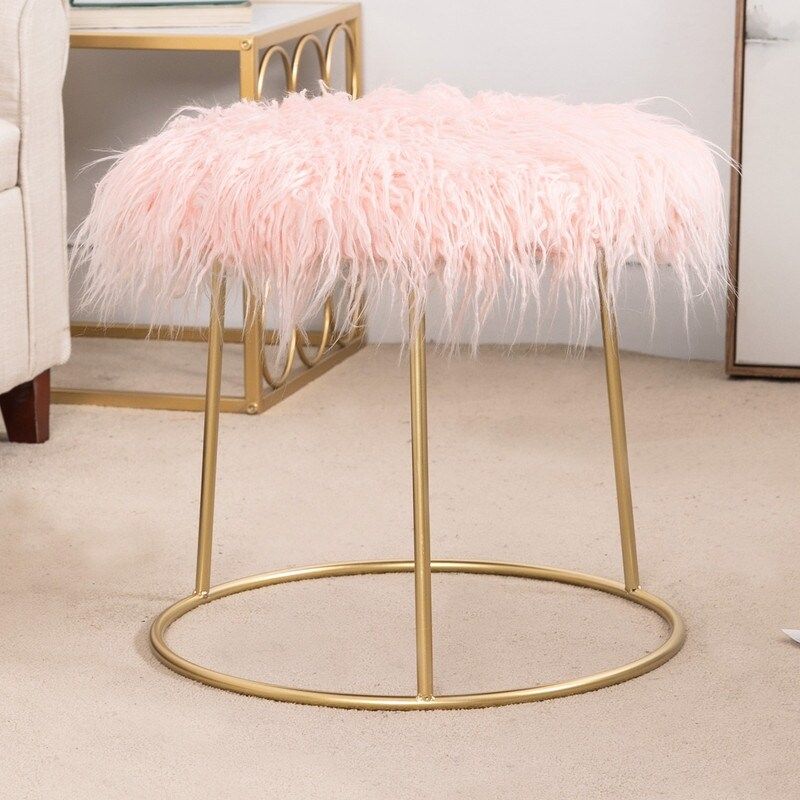 Adeco Vanity Stool Chair Fluffy Ottoman Footrest Round Metal Base - White