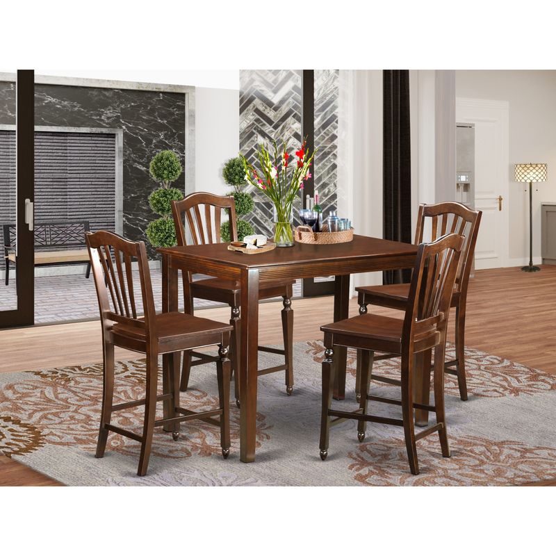 East West Furniture Modern Wood 5-piece Counter-height Dining Set - a Dining Table & 4 Kitchen Chairs (Seat's Type Options) - YACH5-MAH-C