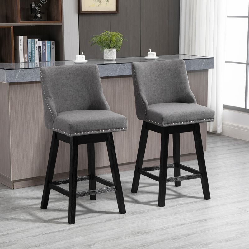 HOMCOM 28" Swivel Bar Height Bar Stools Set of 2, Armless Upholstered Barstools Chairs with Nailhead Trim and Wood Legs - Bar Height -...