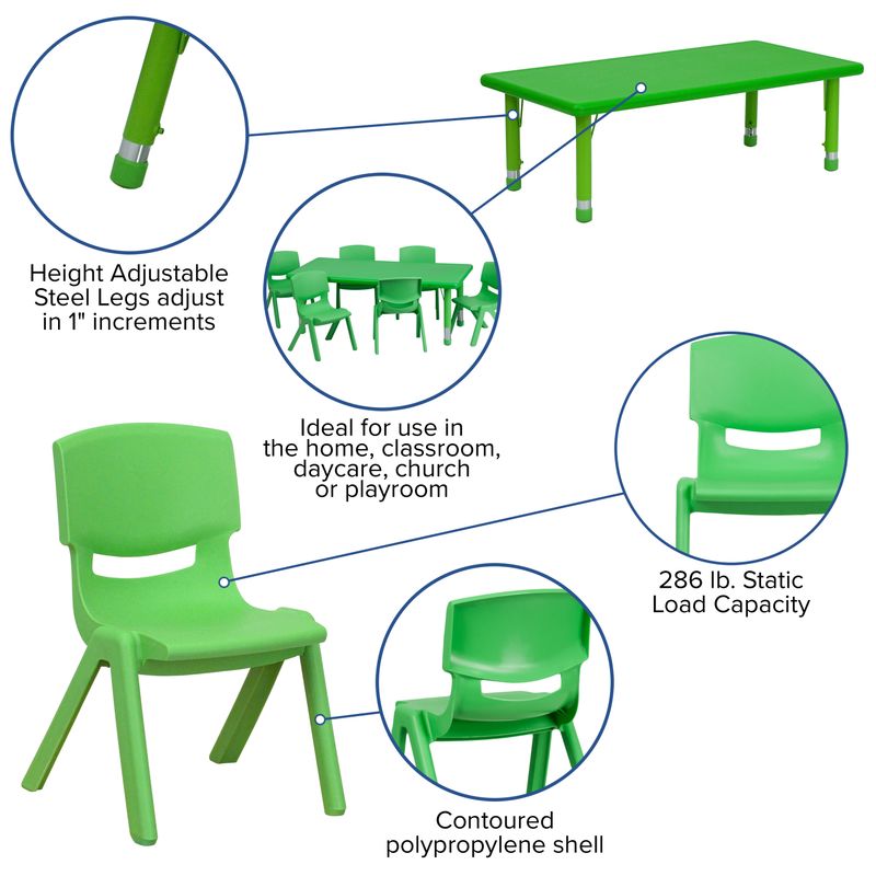 24"W x 48"L Rectangle Plastic Adjustable Activity Table Set - 4 Chairs - Green - 4 Pack