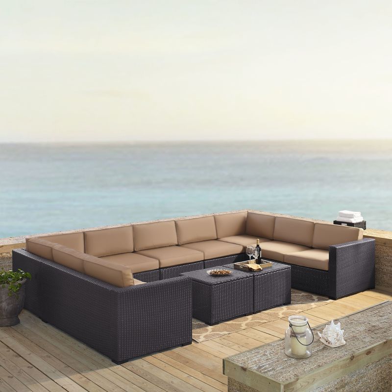 BISCAYNE 7 PIECE OUTDOOR WICKER SEATING SET IN MOCHA - FOUR LOVESEATS, ONE ARMLESS CHAIR, TWO COFFEE TABLES - BISCAYNE 7 PIECE OUTDOOR...