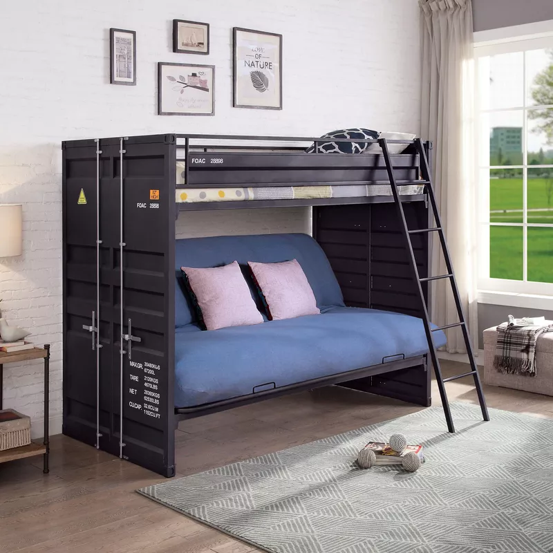 Industrial Black Twin Metal Bunk Bed with Futon Base