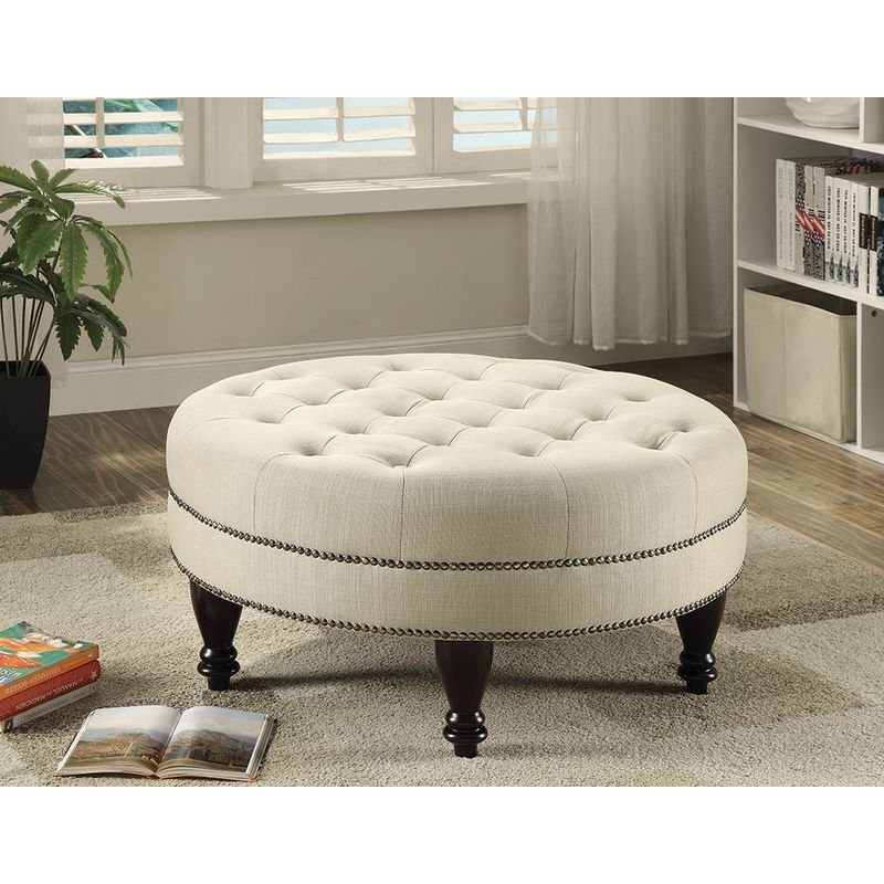 Round Upholstered Tufted Ottoman Oatmeal
