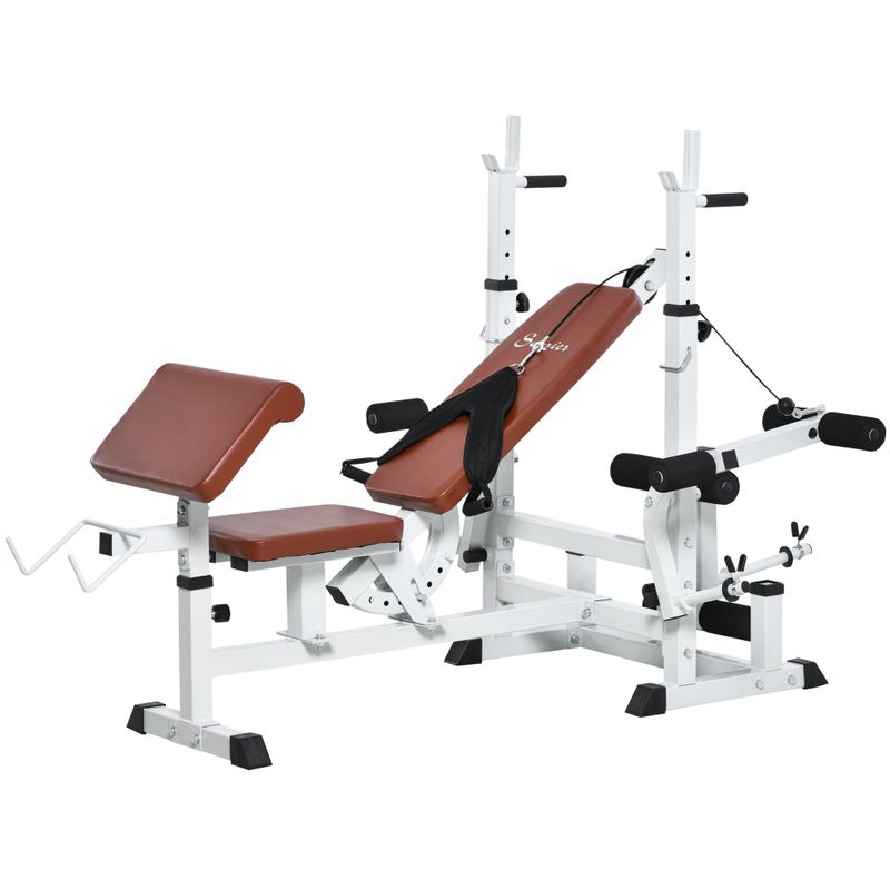 Soozier Multi-Exercise Full-Body Weight Rack with Bench Press, Leg Extension, Chest Fly Resistance Band & Preacher Curl - White/Brown