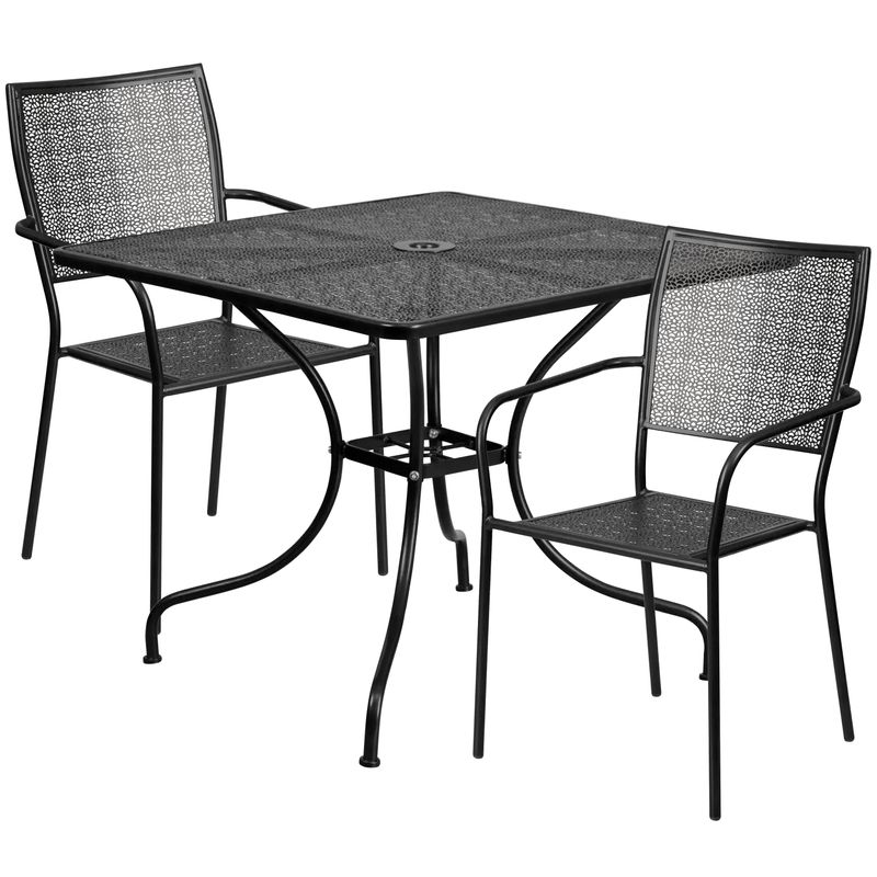 35.5" Square Black Indoor-Outdoor Steel Patio Table Set w/ 2 Square Back Chairs - White