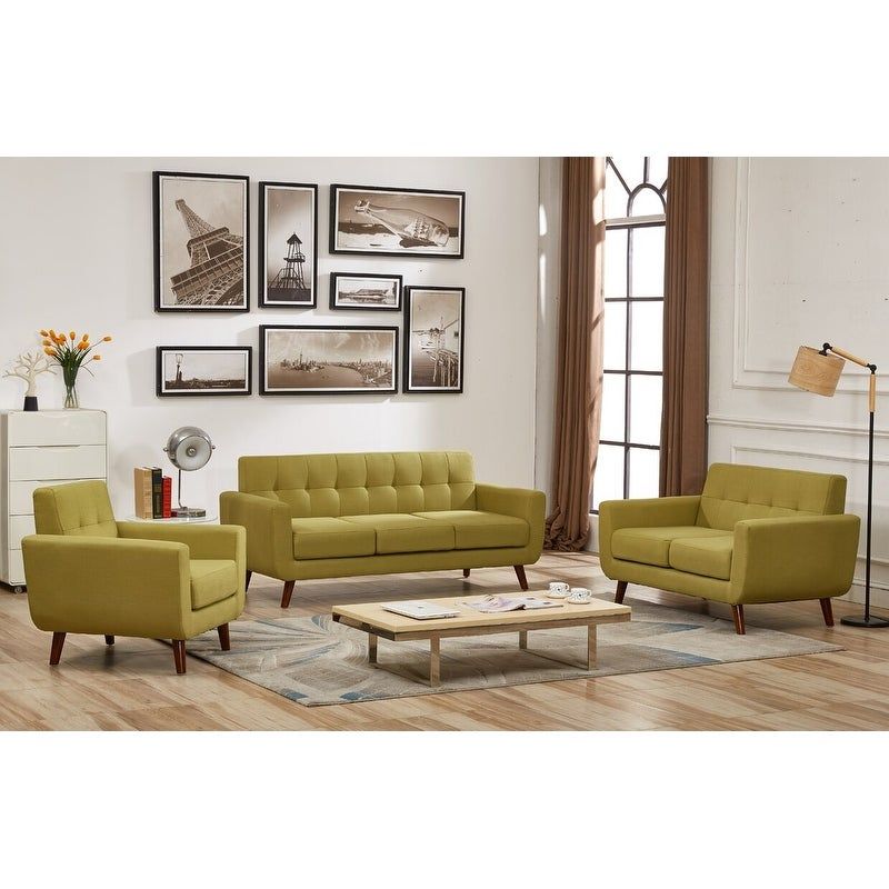 Grace Mid-Century Tufted Upholstered Rainbeau Living Room Sofa, Loveseat, and Chair 3-piece Set - Taupe Grey