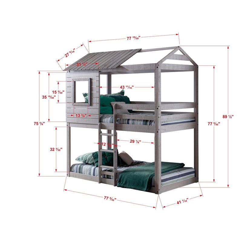 Donco Kids Loft-Style Light Grey Twin over Twin Bunk Bed - Camo Tent - Twin over Twin