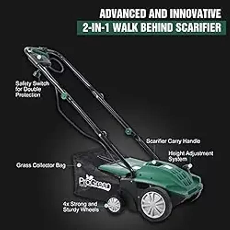 13-Inch 12Amp 2-in-1 Electric Dethatcher and Scarifier with 31.7QT Removable Collection Bag,w/ 4-Position Tine and Adjustable Cylinder Knob,Green+Black