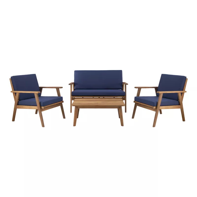 Kimbrel Outdoor Chat 4 Piece Seating Set With Blue Cushions
