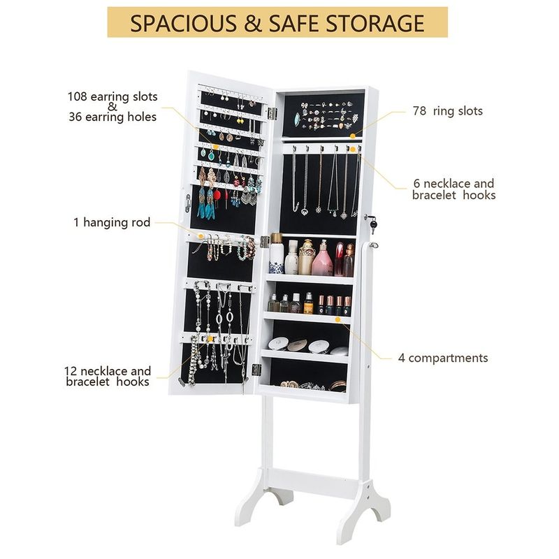 Floor Standing 4-Layer Shelf Jewelry Storage Adjustable Mirror Cabinet - White