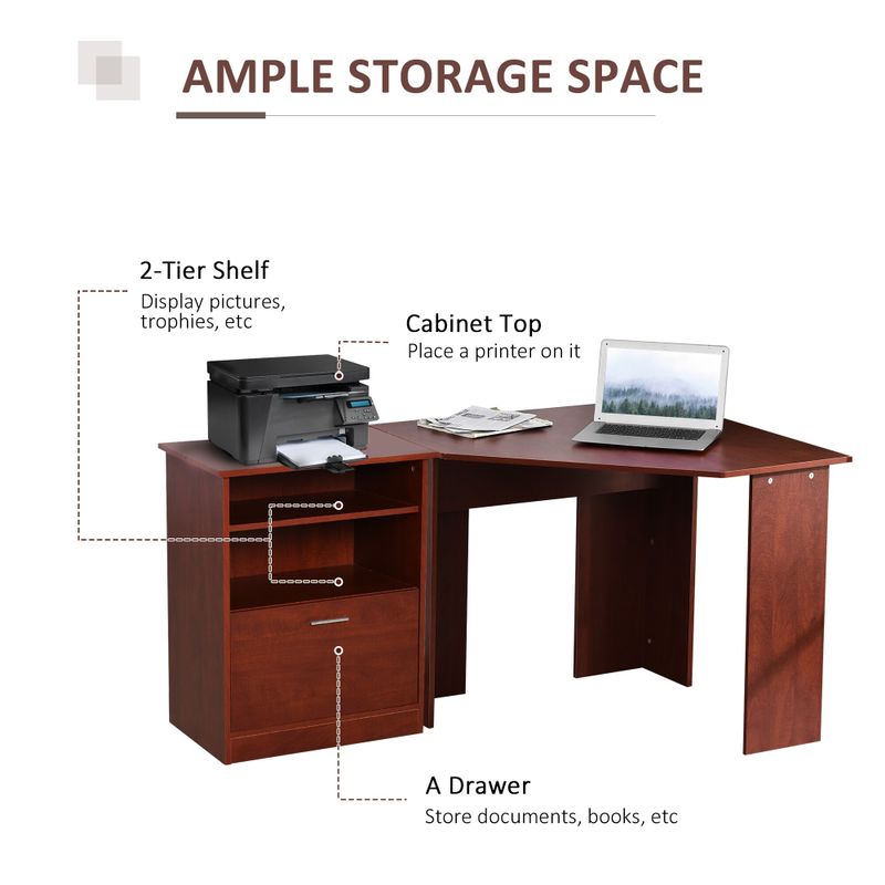 HOMCOM Computer Desk with Printer Cabinet, L-Shaped Corner Desk with Storage, Study PC Workstation for Home Office - Cherry