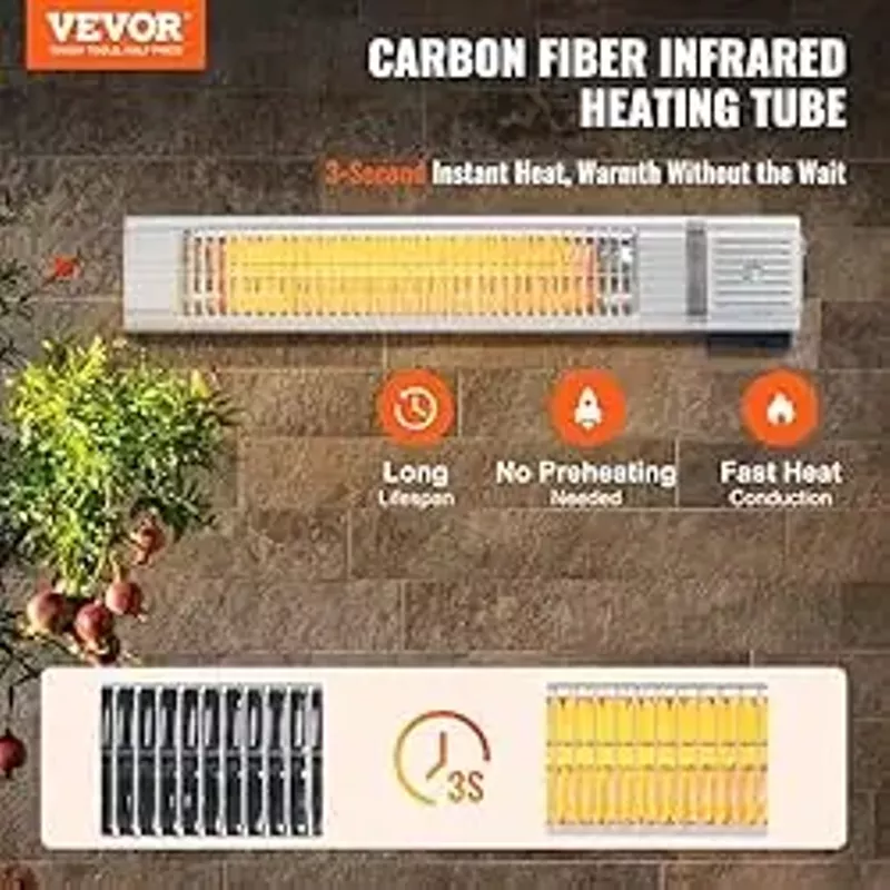 VEVOR Infrared Heater, 1500W Remote Control Electric Space Infrared Heater, IP65 Protection Carbon Infrared Outdoor Heater with 3 Speeds, for Porch,Patio,Dining Room,Studio,Backyard,Garage, Wall Mount