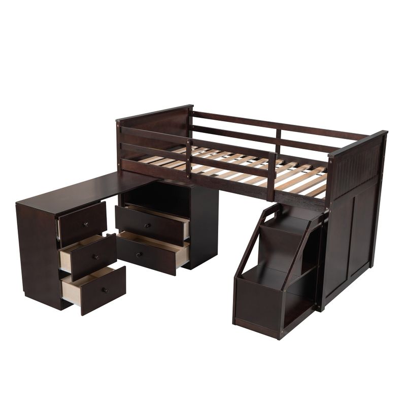 Nestfair Twin Size Loft Bed With Storage Steps and Portable Desk - Espresso