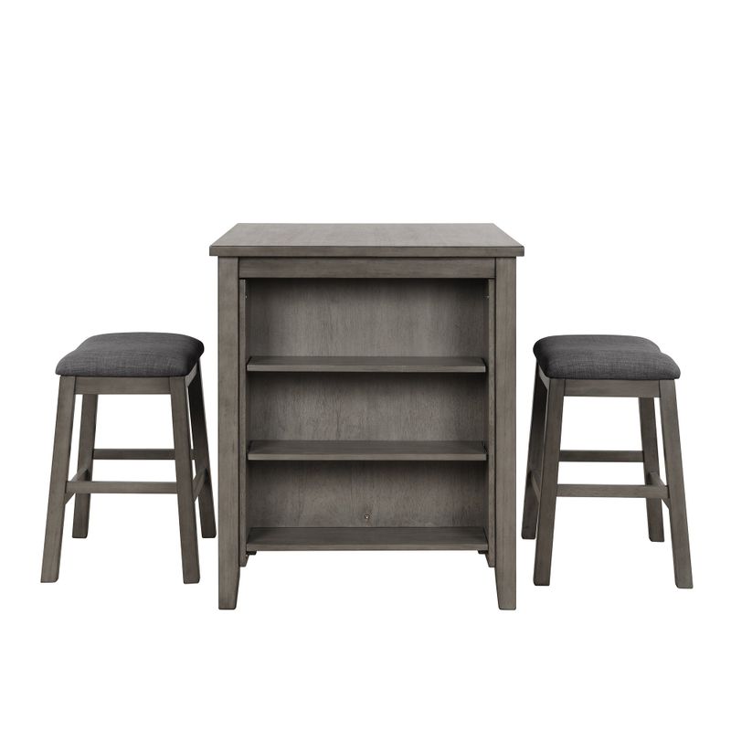 3 Piece Square Storage Shelf Dining Table with Padded Stools - Grey