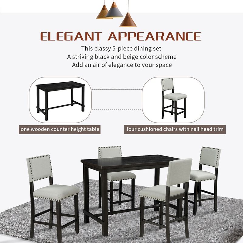 5-Piece Counter Height Dining Set, Classic Elegant Table and 4 Chairs - Beige