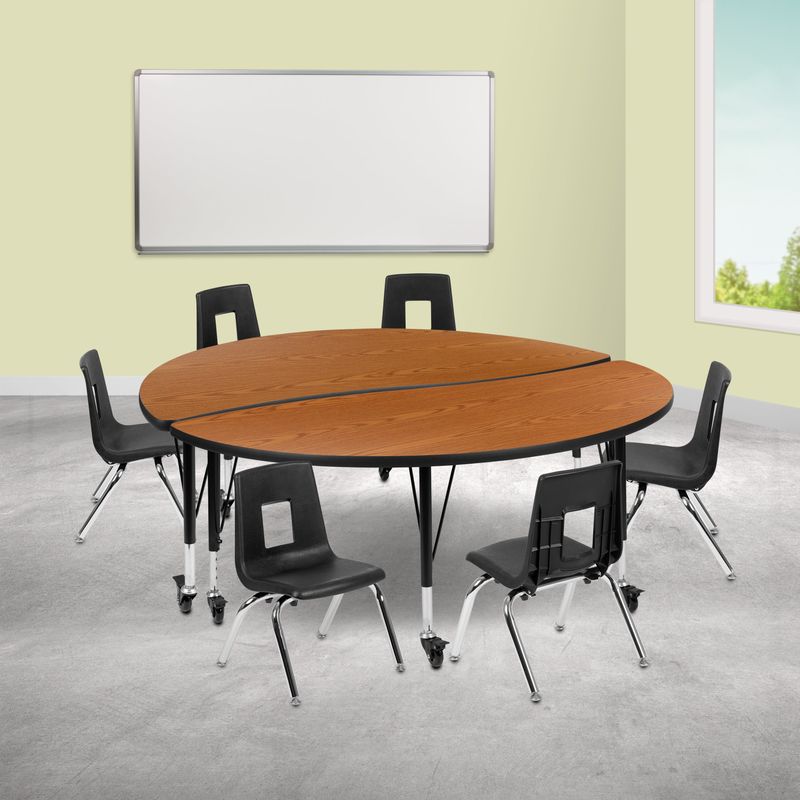 Mobile 60" Circle Wave Collaborative Laminate Activity Table Set with 14" Student Stack Chairs - Oak