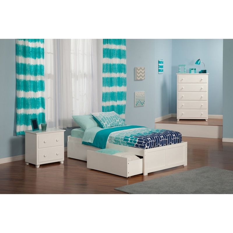 Concord Twin XL Platform Bed with Flat Panel Foot Board and 2 Urban Bed Drawers in White - White - Twin XL