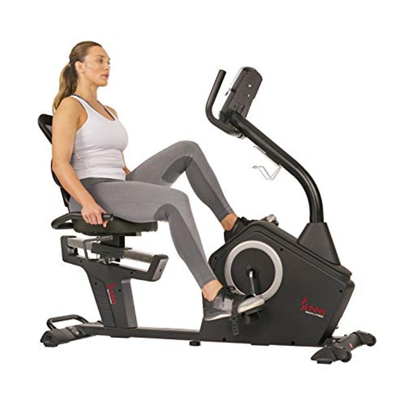 Sunny Health & Fitness Magnetic Recumbent Exercise Bike with Large Soft Comfort Seat with Mesh Back, 12 Preset or Custom Workouts and...