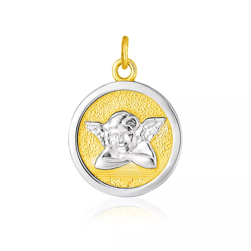 14k Two Tone Gold Round Angel Medal Pendant