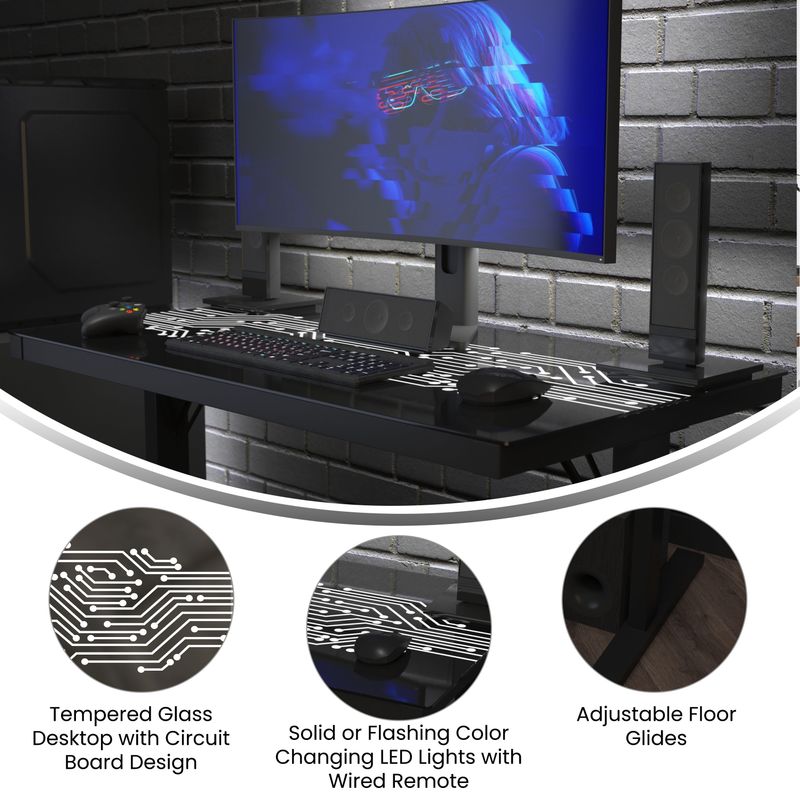 Gaming Computer Desk with Color Changing LED Circuit Board Design Glass Desktop - Black