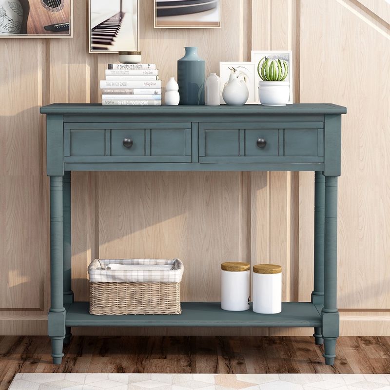 Daisy Series Console Table Traditional Design with Two Drawers and Bottom Shelf Acacia Mangium - Antique Gray