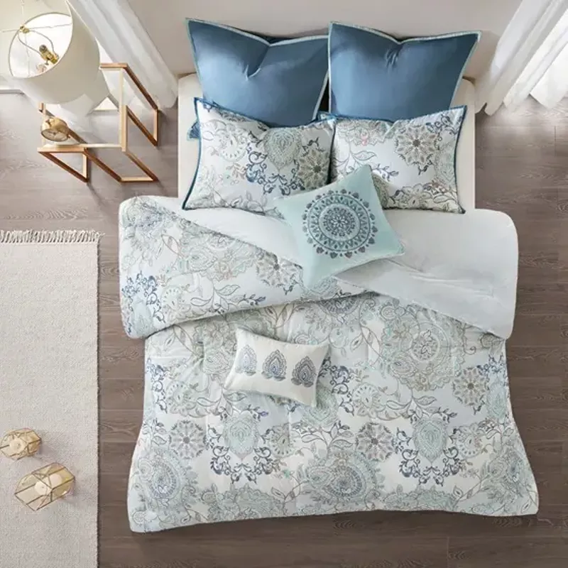 Blue Isla 8 Piece Cotton Floral Printed Reversible Comforter Set King