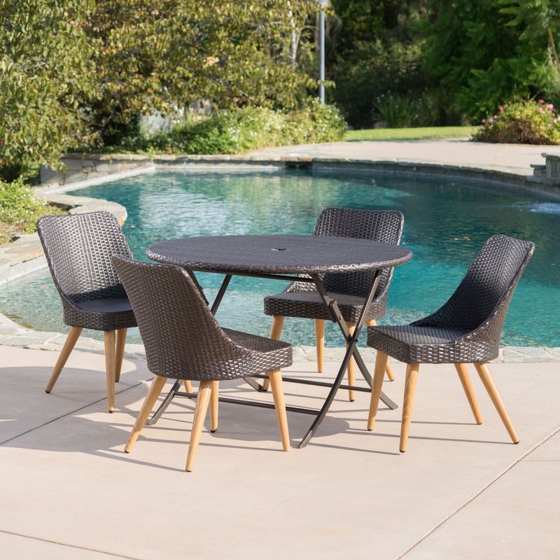 Opal Outdoor 5-Piece Round Foldable Wicker Dining Set with Umbrella Hole by Christopher Knight Home - Multibrown