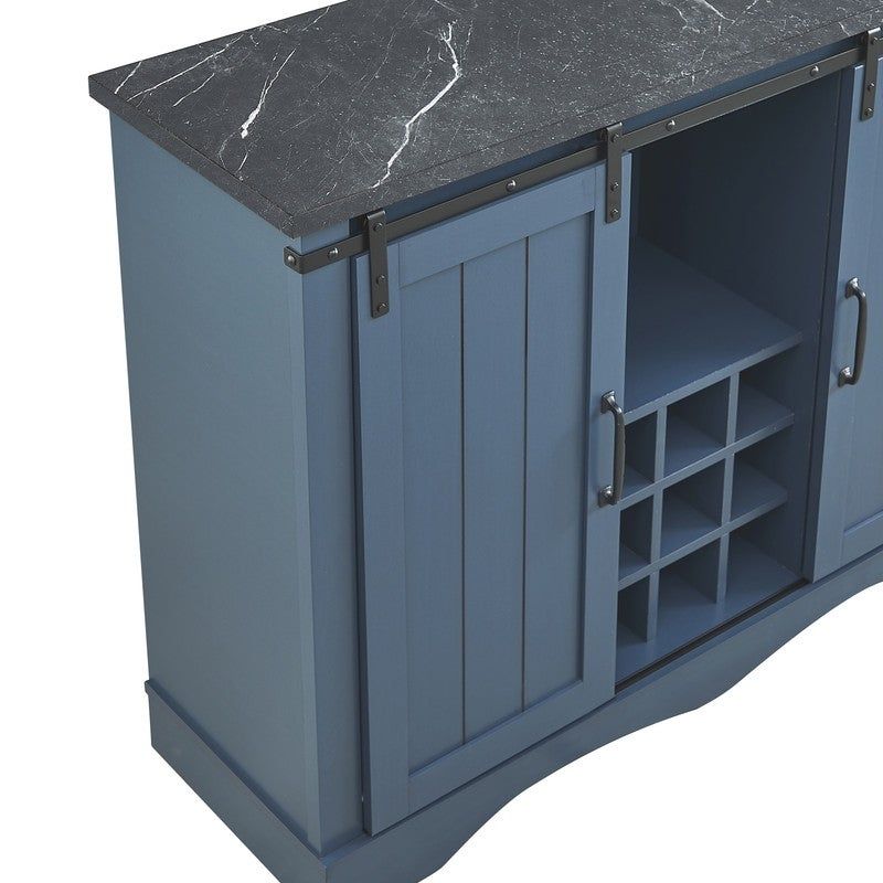 47 in. Navy Blue Wood Bar Cabinet with Barn Door, black marbling pattern print wood countertop - Blue