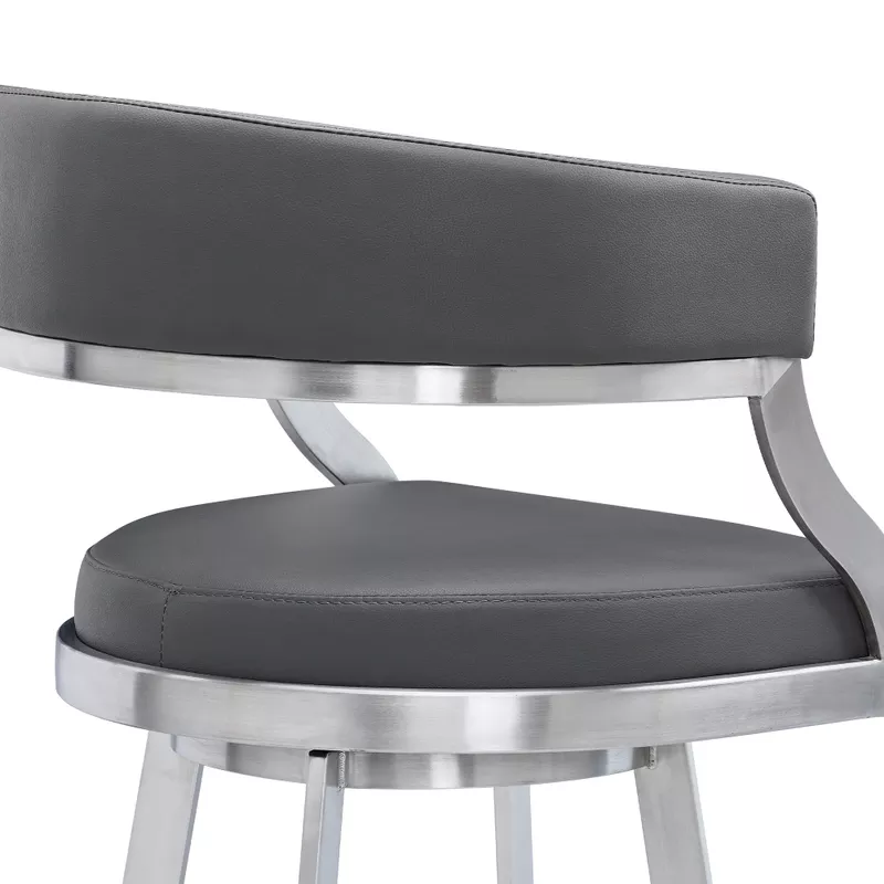 Dione 26" Counter Height Swivel Grey Faux Leather and Brushed Stainless Steel Bar Stool