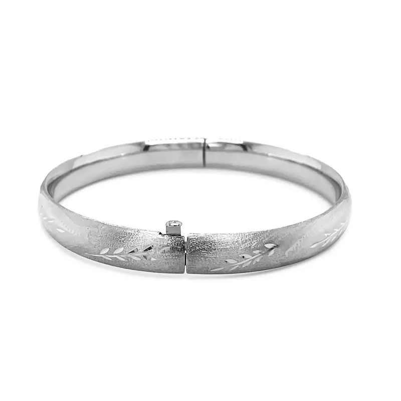 Classic Floral Carved Bangle in 14k White Gold (8.0mm) (7 Inch)