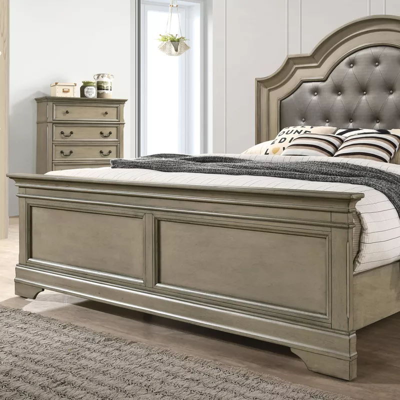 Rent to own Transitional Wood Tufted Headboard Queen Bed in Gray