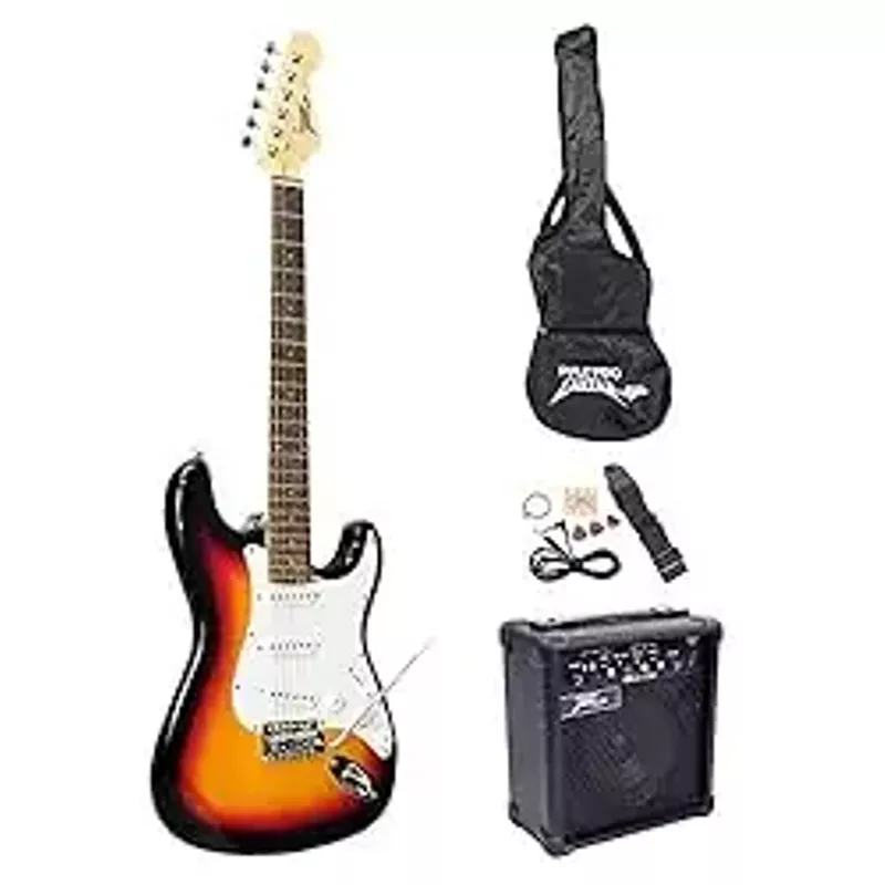 Pyle 6 String PylePro Full Size w/Amp, Case & Accessories, Electric Guitar Bundle, Beginner Starter Package, Strap, Tuner, Pick, Ready to Use Out of The Box, Sunburst (PEGKT15SB.5), Left
