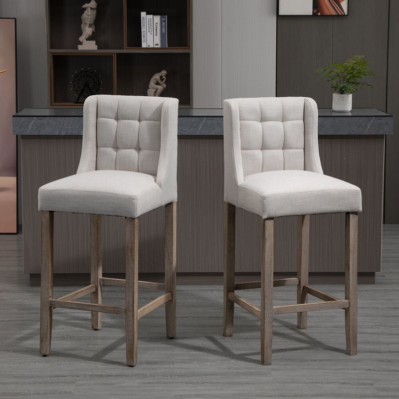 HOMCOM Modern Bar Height Bar Stools Set of 2 Tufted Upholstered Pub Chairs with Back Rubber Wood Legs for Kitchen,Dining Room - Grey