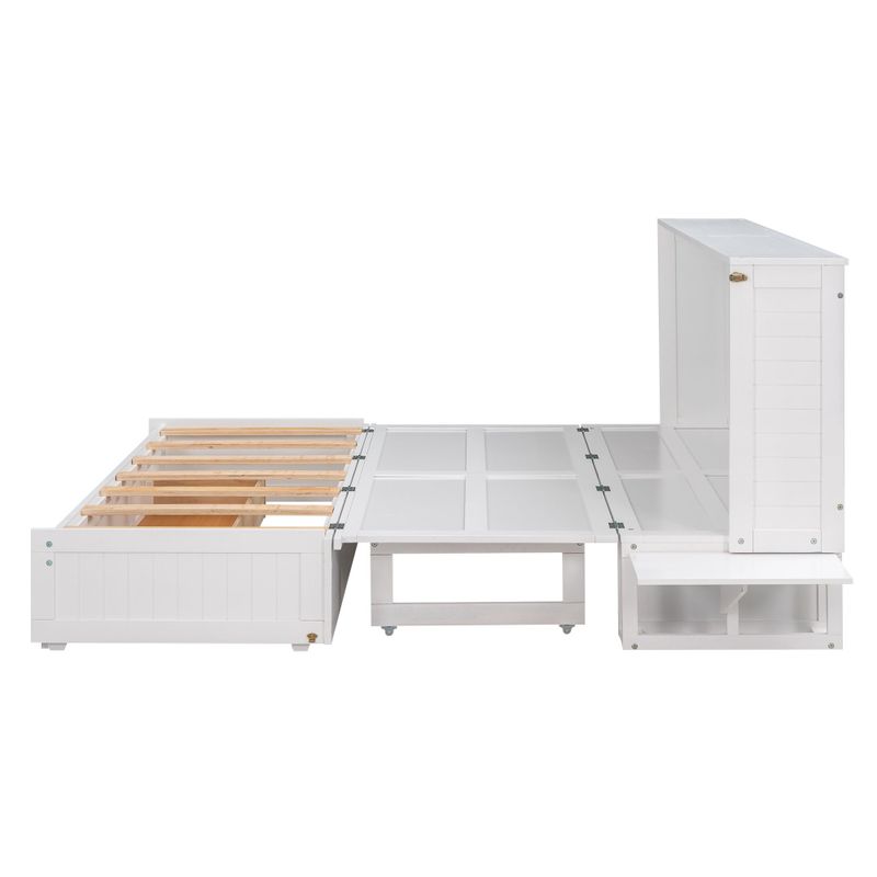 Nestfair White Queen Size Mobile Murphy Bed with Drawer and Shelves - White