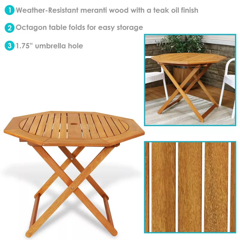 Sunnydaze Meranti Wood Octagon Outdoor Folding Patio Table - Brown
