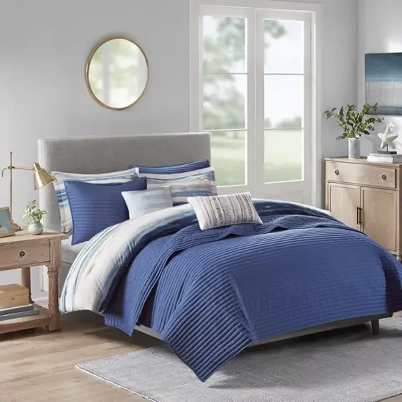 Blue Marina 8 Piece Printed Seersucker Comforter and Coverlet Set Collection King/Cal King