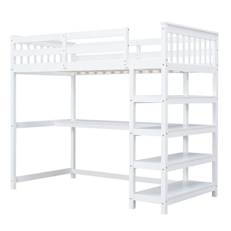 Merax Loft Bed with Storage Shelves and Under-bed Desk - White - Full