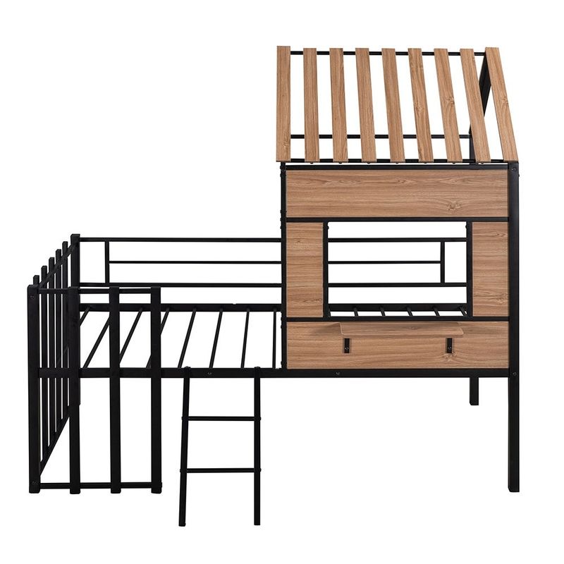 Metal Twin Size Loft Bed with Roof, Window, Guardrail, Ladder - Black+Natural